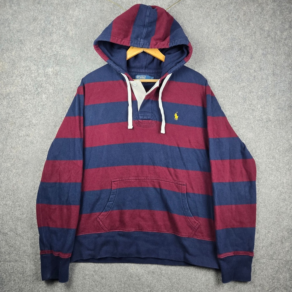 Polo Ralph Lauren Rugby Hoodie Mens Large Maroon Navy Striped Thermal Hood